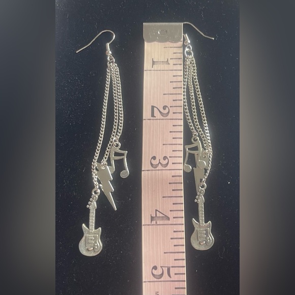 Silver Toned Music Note Lightening Guitar Chain Earrings - Picture 2 of 3